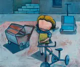 Charles Blackman, Girl with Pram, Tricycle and Truck 1953, 1953, enamel paint and tempera on composition board