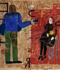 Jenny Watson, Self Portrait – Concert for One (1990), 1990, oil, synthetic polymer paint and collage on canvas