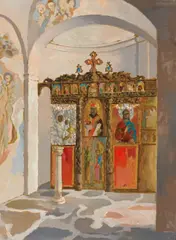 Justin O'Brien, Church Interior, Skyros (1968), 1968, oil on paper on board