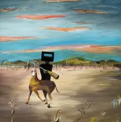 Sidney Nolan, Ned Kelly and Horse 1955, 1955, oil and enamel paint on composition board
