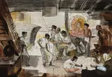 Donald Friend, Fortune Teller's Booth, Ceylon (1961), 1961, pen and ink, watercolour and gouache on paper