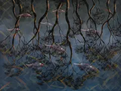 Lin Onus, Carp in Reflective Pond (1995), 1995, synthetic polymer paint on canvas