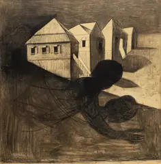 Charles Blackman, A Brisbane Dream 1963, 1963, charcoal on paper on composition board