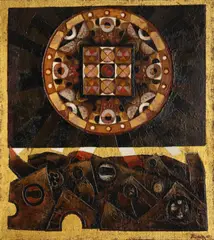 Ancient Landscape (Campion Series) 1961 by Leonard French, 1961, enamel paint, collage and gold leaf on hessian on composition board, sold Apr 2026