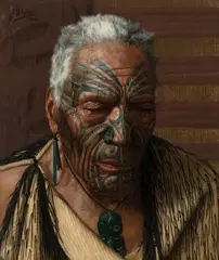 C. F. Goldie, Wharekauri Tahuna (The Last of the Tohungas), Tuhoe Tribe 1916, 1916, oil on canvas on board