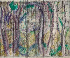 Trees in Quarry (circa 1961-1963) by Godfrey Miller, 1961-1963, oil, pen and ink on canvas, sold Aug 2025