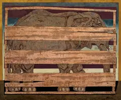 Elephant in a Box (1983) by Leonard French, 1983, enamel on hessian on hardboard, offered Aug 2025