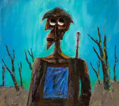 Explorer 1967 by Albert Tucker, 1967, synthetic polymer paint on composition board, sold Aug 2025
