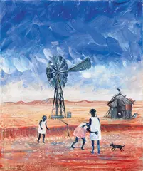 Aboriginal Children and Windmill (1960) by Arthur Boyd, 1960, tempera on composition board, sold Aug 2025