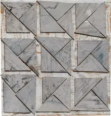 Origami 1998 by Rosalie Gascoigne, 1998, sawn painted and stencilled plywood from cable reels on weathered painted plywood backing, sold Aug 2025