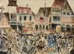 Shopping in the Pettah (Ceylon) (1961) by Donald Friend, 1961, watercolour, ink, gouache and pastel on paper, sold Aug 2025