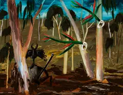 Albert Tucker, Intruder and Parrots 1970, 1970, synthetic polymer paint on composition board