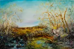 David Boyd, Landscape with Cockatoo Man (The Wanderer Series) 1969, 1969, oil on composition board