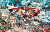 John Perceval, Wreck and Seagulls, Triabunna 1967, 1967, oil and shells on canvas on composition board