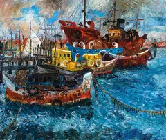 John Perceval, Old Ships at Williamstown (1959), 1959, oil on canvas on composition board