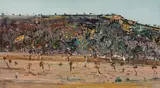 Fred Williams, Hillside Landscape with Green Tractor (1978), 1978, oil on canvas