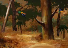 Albert Tucker, Parrots in the Trees, synthetic polymer paint on composition board