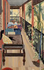 Cressida Campbell, The Verandah 1987, 1987, hand painted unique woodblock print and watercolour on paper