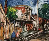 Danila Vassilieff, Children with Bicycle, Fitzroy (1949), 1949, oil on board