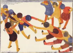 Ethel Spowers, Tug of War 1933, 1933, colour linocut on paper, edition 6 of 50