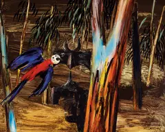 Albert Tucker, Faun and Parrot 1965, 1965, synthetic polymer paint on composition board