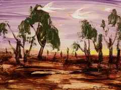 Bush and Cockatoos 1967 by Albert Tucker, 1967, synthetic polymer paint on composition board, sold Jul 2024