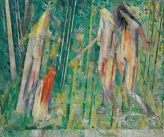 Figure Group by Godfrey Miller, oil, pen and ink on canvas, sold Apr 2024