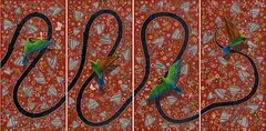 Lin Onus, Wirrirr Wirrirr (Rainbow Birds), synthetic polymer paint on canvas (4 panels)