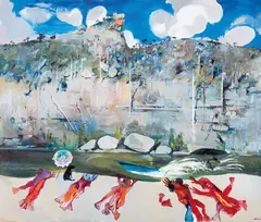 Bathers, Shoalhaven Riverbank and Clouds (1984-1985) by Arthur Boyd, 1984-1985, oil on canvas, offered Nov 2023
