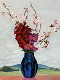 Criss Canning, Wallflowers and Plum Blossom with Landscape (1996), 1996, oil on board