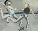 Charles Blackman, Swimmers, St Kilda (1953), 1953, oil and enamel paint on pulpboard