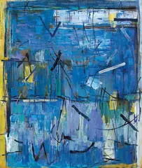 Composition in Blue 1985 by Yvonne Audette, 1985, oil on composition board, sold Aug 2023