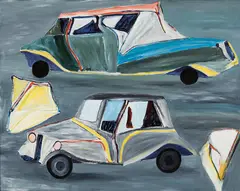 Ken Whisson, Motor Cars and Drivers 1975, 1975, oil on composition board