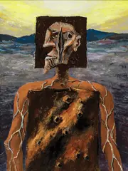 Albert Tucker, Armoured Explorer 1996, 1996, synthetic polymer paint on composition board