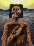 Albert Tucker, Armoured Explorer 1996, 1996, synthetic polymer paint on composition board