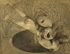 Lovers Reflected in a Pool (1961) by Arthur Boyd, 1961, charcoal and varnish on paper on board, offered Nov 2022