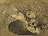 Arthur Boyd, Lovers Reflected in a Pool (1961), 1961, charcoal and varnish on paper on board