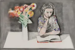 Charles Blackman, Victoria Reading with Flowers, charcoal and pastel on canvas