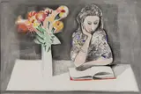 Charles Blackman, Victoria Reading with Flowers, charcoal and pastel on canvas