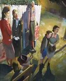 Herbert Badham, The Bus Stop 1953, 1953, oil on canvasboard