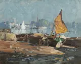 Arthur Streeton, Unloading Bricks, Kew (1905)