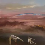 Landscape - Man and Camel 1966 by Sidney Nolan, 1966, synthetic polymer paint and oil on composition board, offered Aug 2022