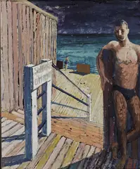 Jeffrey Smart, Study for Sunstrip Baths, Coogee (1961), 1961, gouache on paper on board