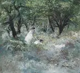 Arthur Boyd, A Mother, Child and Dog on Hampstead Heath (1963), 1963, oil on composition board