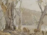 Hans Heysen, Murray Gums and Cliffs, watercolour on paper