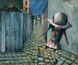 Charles Blackman, In the Lane (1953), 1953, oil on canvas on composition board