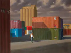 Jeffrey Smart, Containers and Silos at Livorno (1990), 1990, oil on canvas