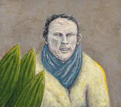Painting (Figure - Yellow with Blue Scarf) 2006 by Peter Booth, 2006, oil on canvas, sold Apr 2021