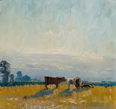 Colour Note (with Cows) 1917 by Elioth Gruner, 1917, oil on card on board, sold Sep 2020