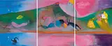 Triptych from The Australian Scapegoat (1988) a) Venus with Digger's Hat and Black Swan b) Mars Over Pulpit Rock c) The General Protecting His Money by Arthur Boyd, oil on canvas (three panels), offered Sep 2020